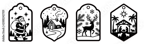 Set of 4 vintage Christmas gift tags in different shapes for laser cutting and engraving. Black and beige vector.