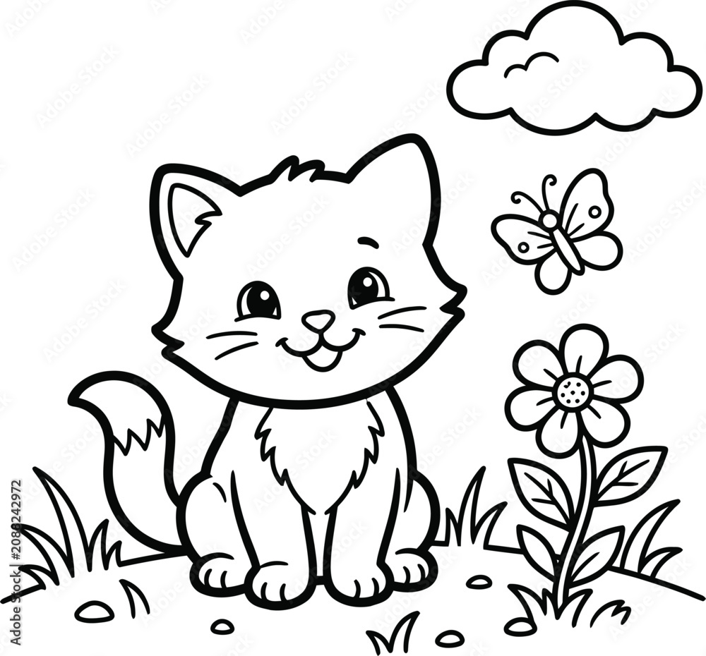 Fototapeta premium Cute kitten with butterfly and flowers coloring page for kids and toddlers