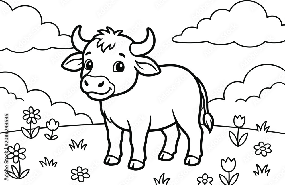 Fototapeta premium Cow coloring page for kids farm animal illustration for creative activity