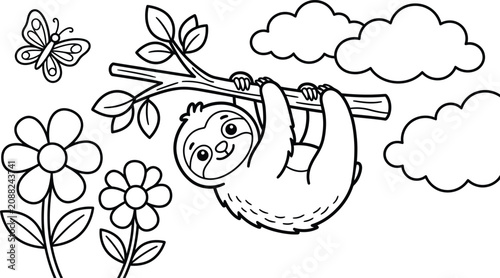 Sloth hanging from branch coloring page for kids and adults printable design