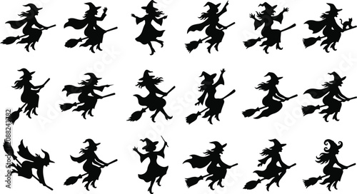 Tableau sur toile Collection of witch silhouettes flying on broomsticks for halloween designs and