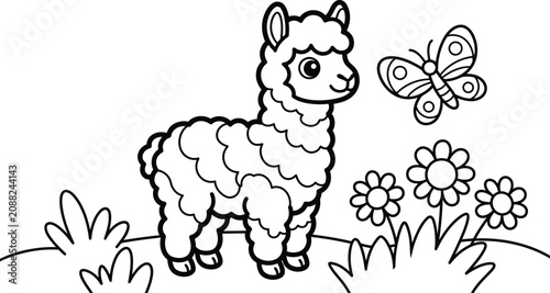 Llama and butterfly coloring page for kids and adults animal illustration