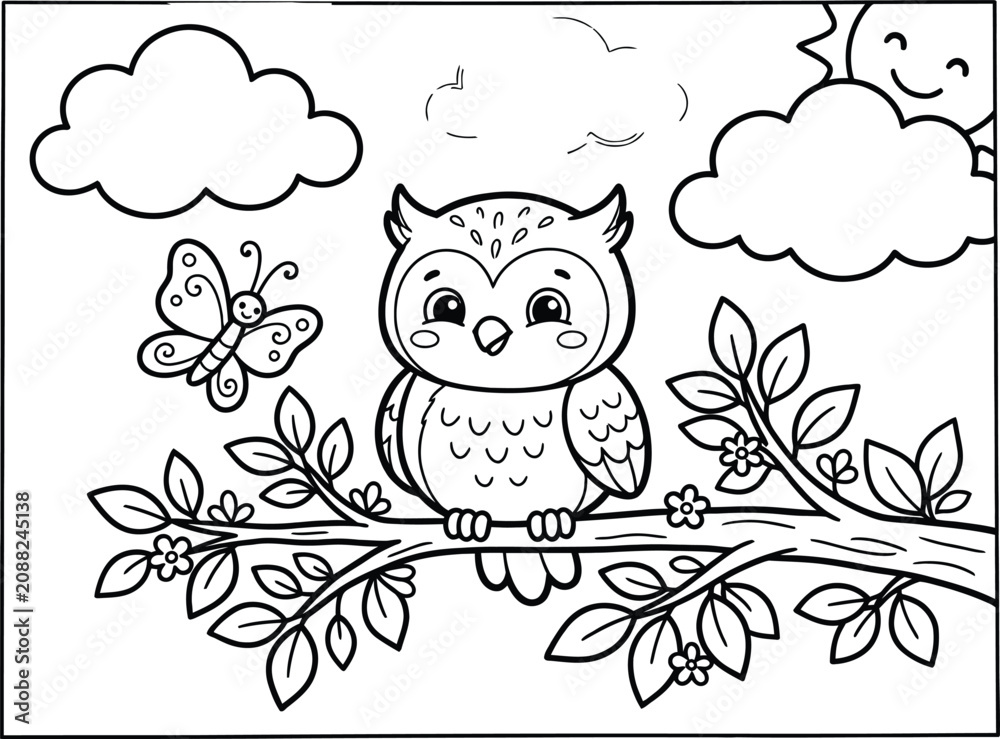 Fototapeta premium Cute owl and butterfly coloring page for kids and toddlers printable design