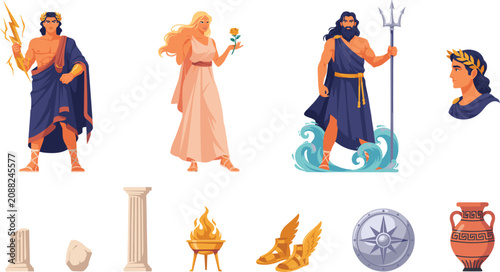 Foto Greek Mythology Character and Element Set with Zeus Aphrodite Poseidon Columns A
