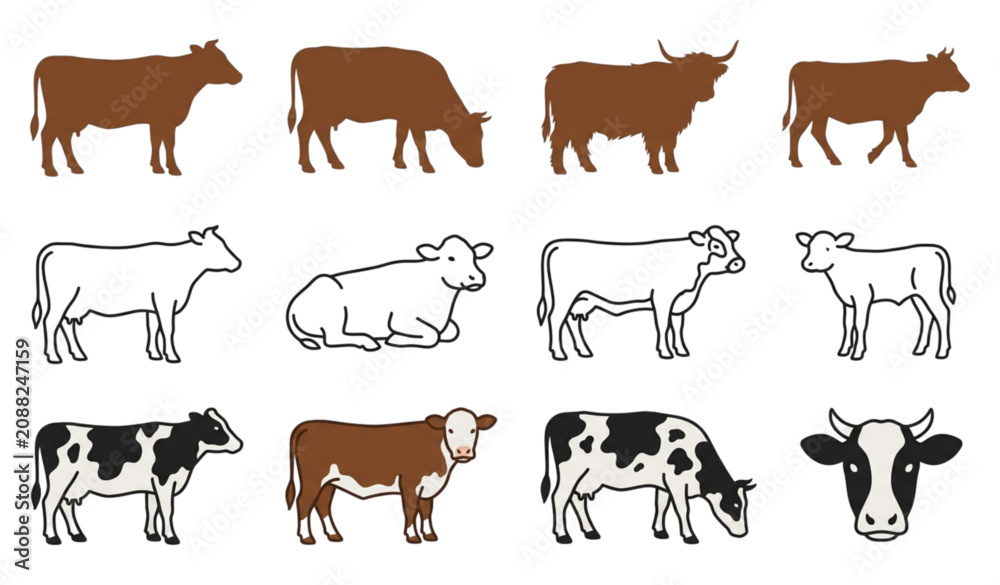Fototapeta premium Brown Cow Animal Silhouette Icon Set Vector Collection