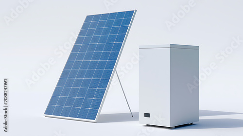 Clean Energy Solutions: Solar Panel and Battery Storage Unit for Sustainable Power Generation in a Minimalist Studio Setting