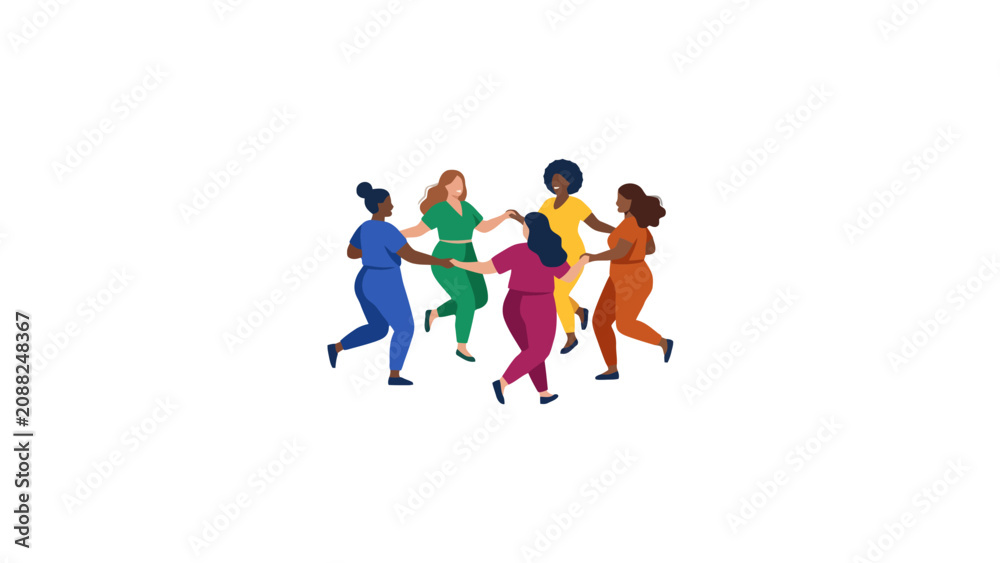 Fototapeta premium Diverse women holding hands and dancing in circle illustration