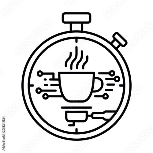 Digital coffee break concept with circuit board lines in outline style