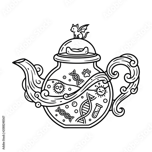Scientific tea pot illustration with dna strands and viral structures