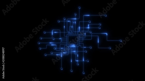 Artificial intelligence Data Transfer electronic board. Glowing Technology Abstract Animation Digital Circuit Board Glowing Lines Nodes Network.