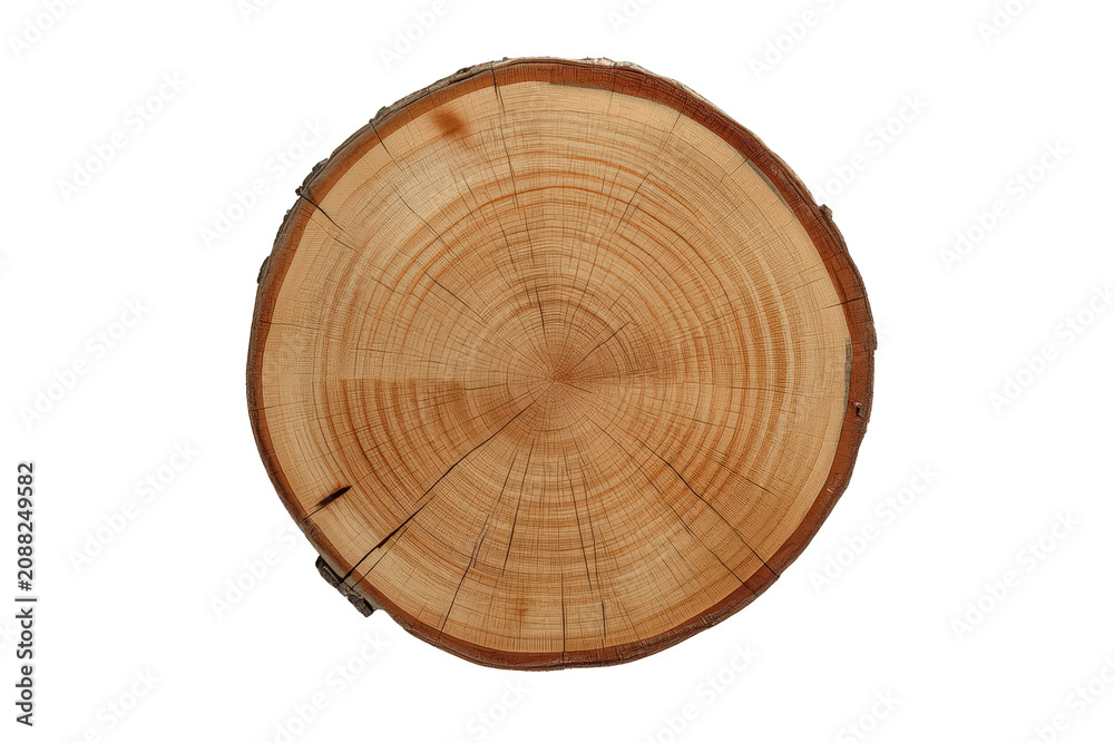 Fototapeta premium Tree trunk displaying concentric annual rings and growth patterns, showing natural wood texture and age, on a transparent background