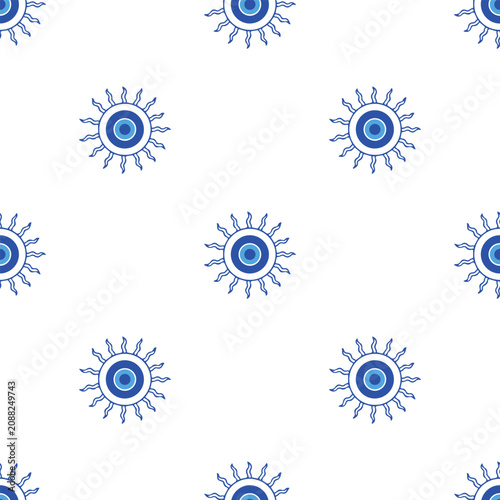 Sun Shape Evil Eye Seamless Pattern. Greek nazar amulet background with blue sun talismans on a clean white backdrop
