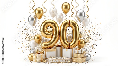 90th birthday celebration with gold balloons and gifts