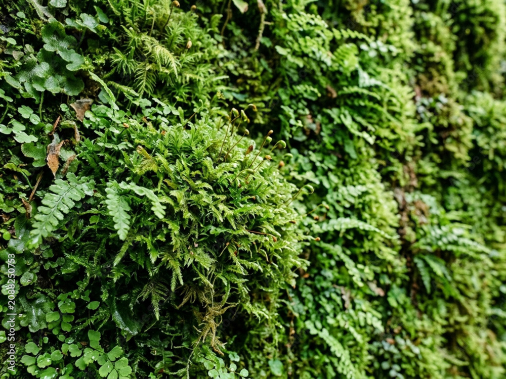 Obraz premium Detailed close up showing lush green moss growth on damp forest floor with intricate texture.