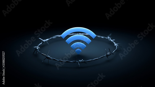 Restricted Wireless Connection: A Blue Wi-Fi Symbol Encircles Barbed Wire on a Dark Surface, Illustrating Limited Access or Censorship