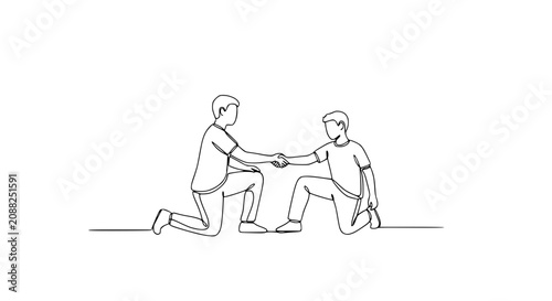Two men shaking hands, one kneeling, minimalist line art, teamwork, agreement, partnership
