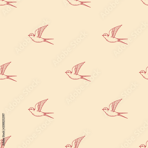 Vintage Engraving Swallow Bird Seamless Pattern. Retro linocut background with red flying swallows on cream beige backdrop.