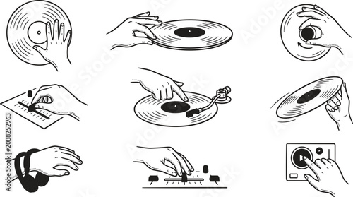 Fotografie DJ Icon Vector Illustration Featuring Vinyl Record Spin, Mixer Adjustment, Turnt