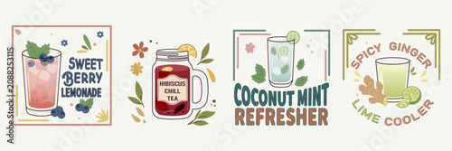 Schilderij op canvas Summer mocktails vector elements set, retro non alcoholic drinks pack with typog