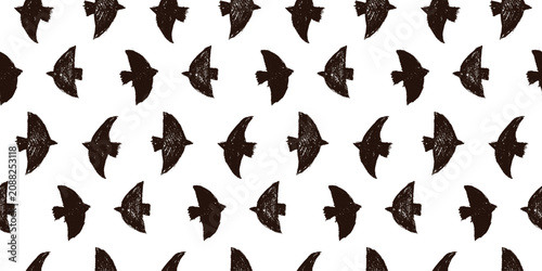Bird flock pattern with crayon scribble doodle for seamless print. Cute dove charcoal silhouettes in a geometry vector repeat on white. Hand drawn bird pattern for fabric and naive surface design