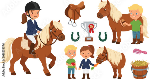 Foto Cute Kids Horse Riding and Equestrian Vector Element Set with Cartoon Children F
