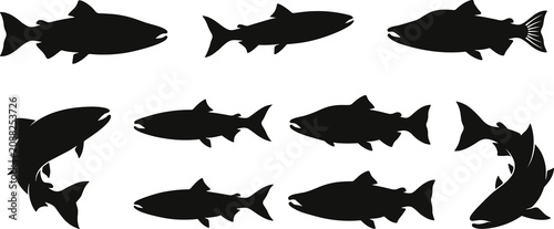Black salmon and trout fish silhouette collection showing varied swimming poses, curved body movements, and aquatic design elements
