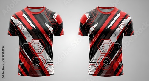 Modern Red Black Sports Jersey Design Displayed on Gray Studio Background