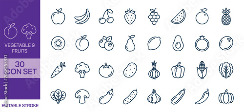 Vegetable and fruit icons set editable stroke