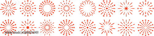 Foto A large collection of minimalist red firework and starburst vector icons arranged in two neat rows on a white background