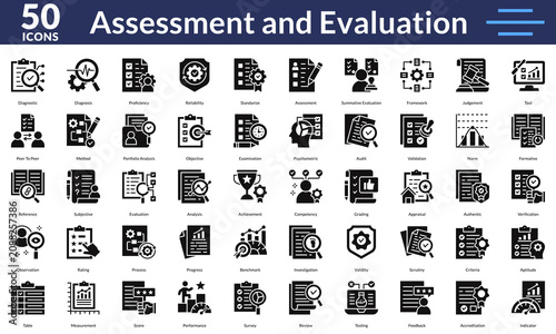 Assessment and Evaluation Glyph Style icon set featuring psychometric, competency, formative, criteria, analysis, accreditation, score and indicator simple icons. icon