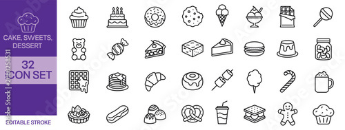 Editable stroke cake sweets dessert icon set