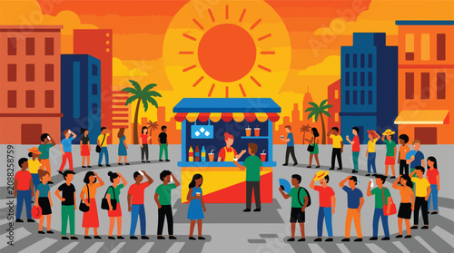 People queue up at beverage stall during extreme hot weather vector illustration. Crowd waiting in line to buy cold drinks under baking sun flat design. Heatwave in city with citizens sweating and wip