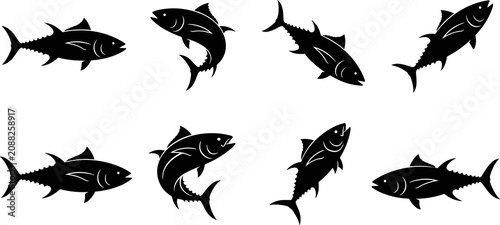 Black tuna fish silhouette collection showing streamlined bodies, varied swimming poses, and clean vector aquatic design elements