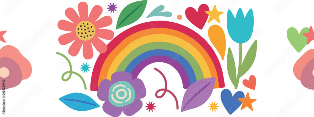 Fototapeta premium Colorful cute rainbow and floral border