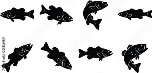 Bild auf Leinwand Collection of black fish silhouette illustrations showing bass species in multip