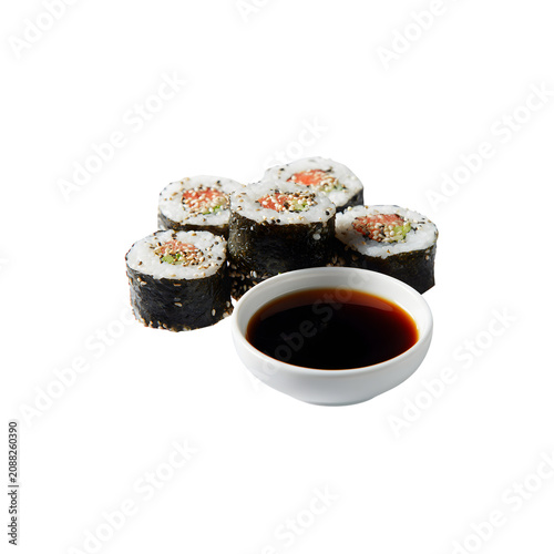 sushi rolls with dipping sauce