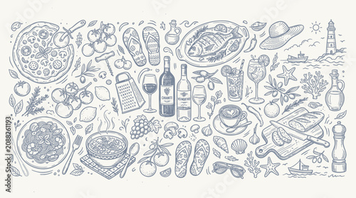 Italian Food & Travel Doodle Pattern: Hand Drawn Mediterranean Cuisine, Wine, Vacation Icons, and Summer Elements Illustration
