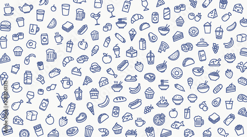 Seamless doodle food and drink icons pattern background. Hand-drawn illustration of snacks, meals, and beverages for restaurants and web design.