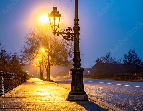 Vintage Street Lamp Glowing on Wet Sidewalk Beside Empty Road at Dusk