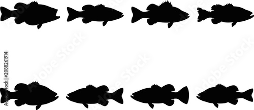 Foto Seamless collection of identical black bass fish silhouettes arranged in rows fo