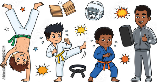 Bild auf Leinwand Cute Kids Martial Arts Vector Character Set with Diverse Boys Training Karate Ta