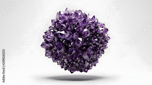 Asymmetrical asteroid constructed from crushed purple amethyst crystals floating on a white background for holistic healing and surreal geological concepts