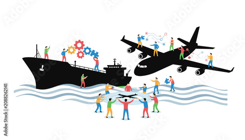 Business team collaborating to integrate and fix logistics infrastructure by connecting airplane and ship components with puzzle pieces.