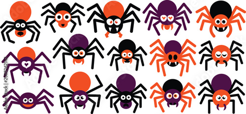 Tableau sur toile Set of spooky cartoon spiders in purple and orange colors, featuring different e