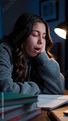 Tired student girl sleeping on books while studying at night