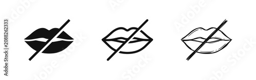 Set of mute silent lips icons with strike through