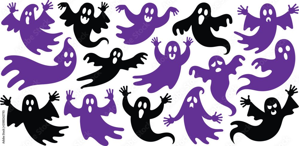 Fototapeta premium Assortment of friendly cartoon ghosts in purple and black colors, featuring various floating poses on a white background