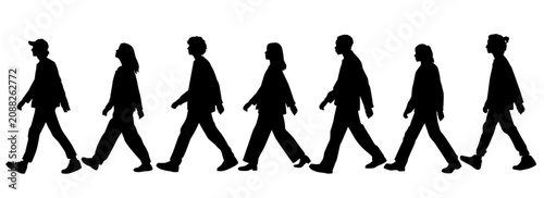 Vector silhouettes of  men and a women, a group of walking   business people, profile, black  color isolated on white background
