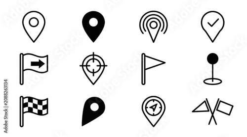 Map Pin and Flag Vector Icon Set Featuring Location Destination Goals Routes Navigation and Business Strategy Symbols