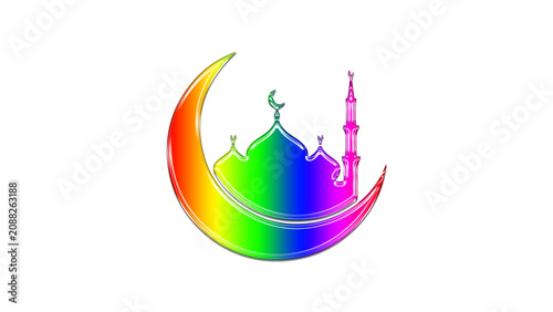 Rainbow mosque, crescent moon, Islamic architecture, colorful illustration, religious symbol